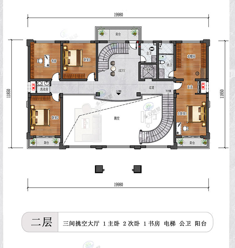 AT2986三层新中式别墅二层户型平面图