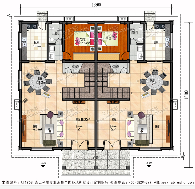at1908简约三层兄弟双拼复式楼别墅设计全套施工图纸16.8mx16.1m